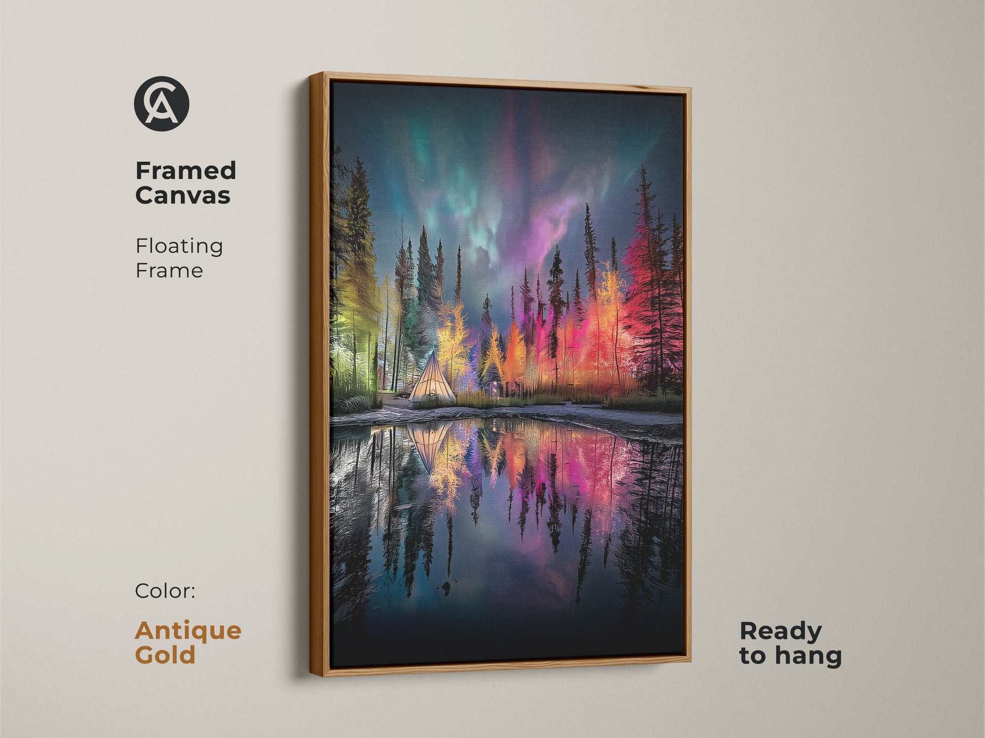 Framed Canvas featuring an Aurora Borealis over a forest campsite with a tent. The antique gold floating frame enhances the teal green and purple landscape decor. Ready to hang this vibrant sky art brings nature's beauty to your space. It is perfect for an outdoor adventure theme.