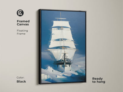 Elevate your decor with framed nautical wall art. The tall ship canvas print in a floating black frame showcases an Arctic Blue iceberg painting. Add maritime adventure to your space with this historical ship art ready to hang. Perfect for study rooms or nautical themed residential decor