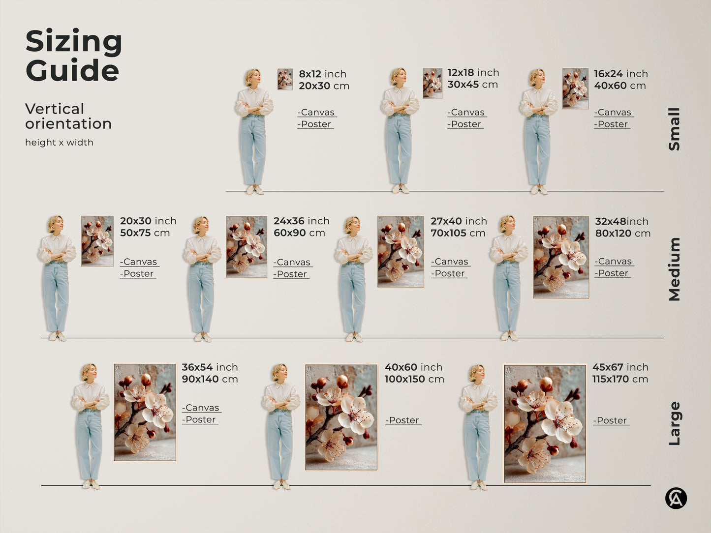 Sizing guide for vertical cherry blossom canvas and poster prints. Visualize different sizes to fit your space. Find the ideal minimalist floral print for your spring decor.