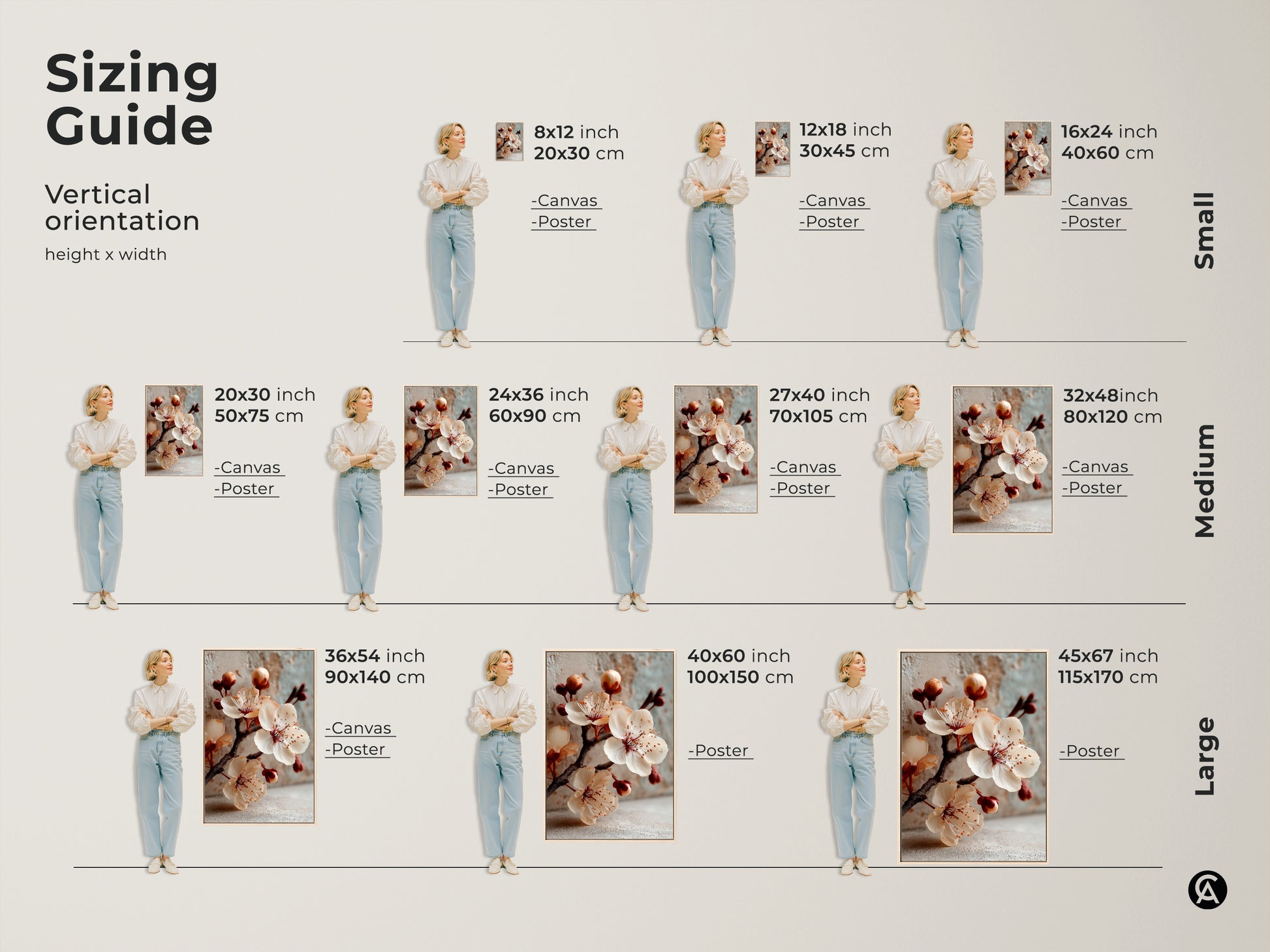 Sizing guide for vertical cherry blossom canvas and poster prints. Visualize different sizes to fit your space. Find the ideal minimalist floral print for your spring decor.