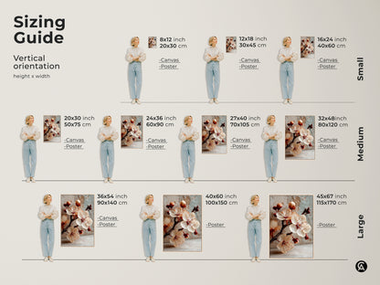 Sizing guide for vertical cherry blossom canvas and poster prints. Visualize different sizes to fit your space. Find the ideal minimalist floral print for your spring decor.