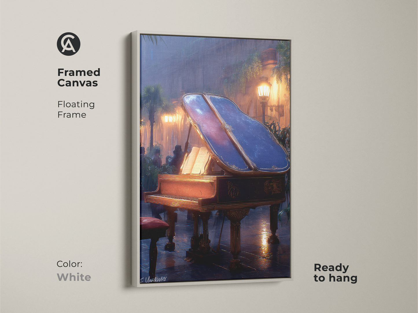 A white framed canvas displaying the grand piano artwork ready to hang with floating frame. The mahogany amber blue print provides cinematic charm for your home. This eclectic music decor adds ambient music artwork as a perfect musician gift.