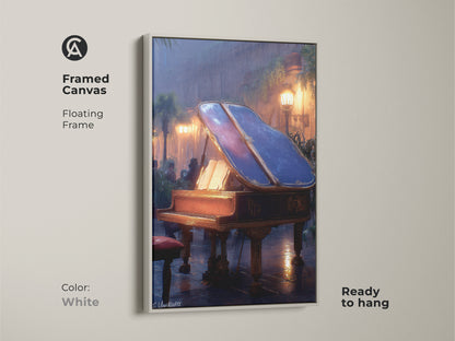 A white framed canvas displaying the grand piano artwork ready to hang with floating frame. The mahogany amber blue print provides cinematic charm for your home. This eclectic music decor adds ambient music artwork as a perfect musician gift.