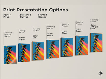 Explore print options with this geese flying artwork. Choose from poster prints stretched canvas or framed canvas. Each option enhances this blue orange yellow art. Museum-quality paper gallery wrap and floating frames are available.