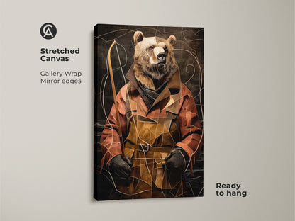 Stretched Canvas gallery wrap mirror edges showcasing the Eclectic Bear Fisherman Art. This abstract animal portrait is ready to hang. The terracotta gold artwork with a rustic fishing theme enhances any space. This unique animal print serves as perfect wall decor or a thoughtful gift.
