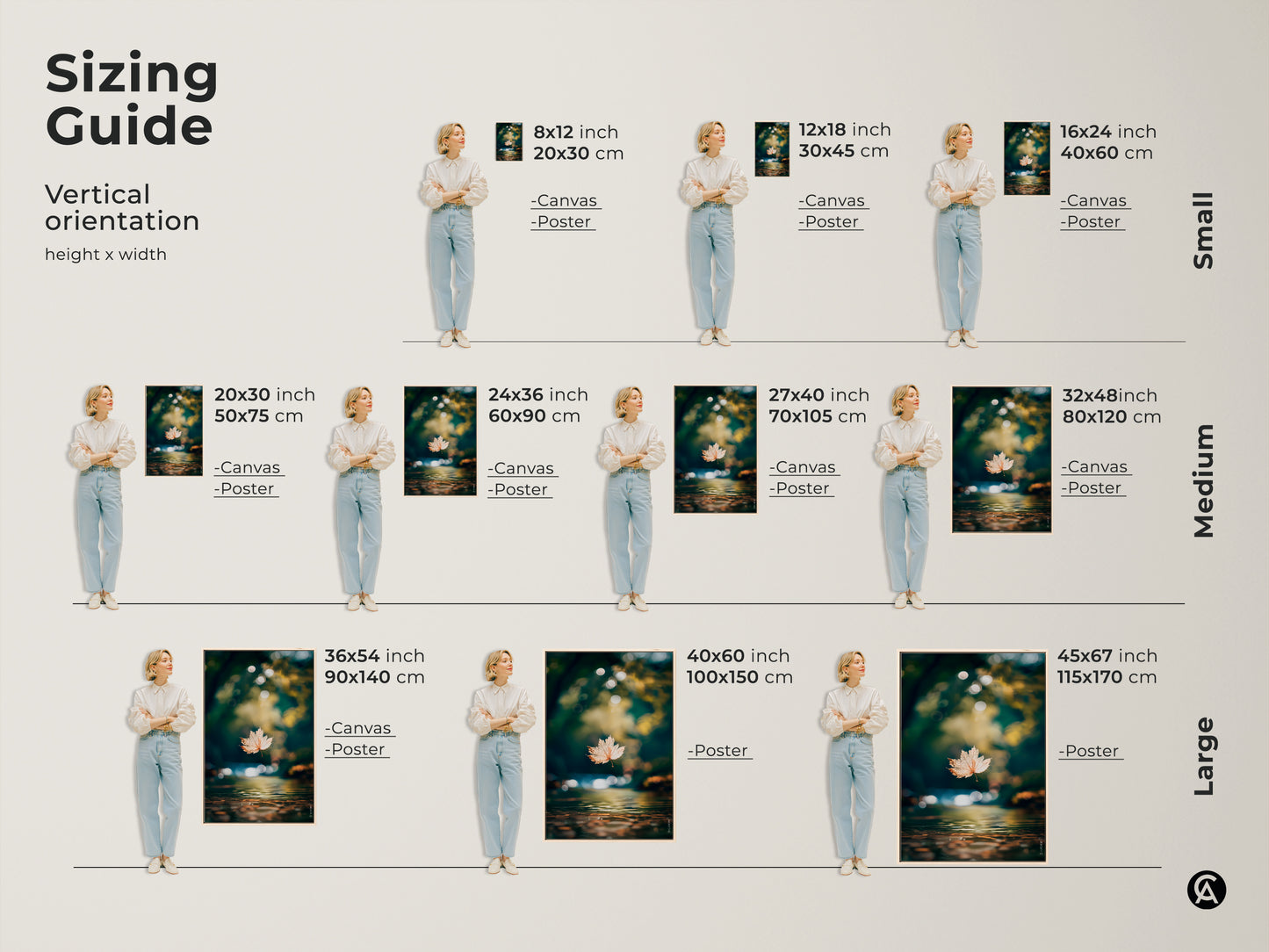 Sizing guide for vertical art prints. See how the leaf artwork looks in different sizes. Available as canvas or poster. Choose from small medium and large sizes. Visualize the perfect fit for your wall.