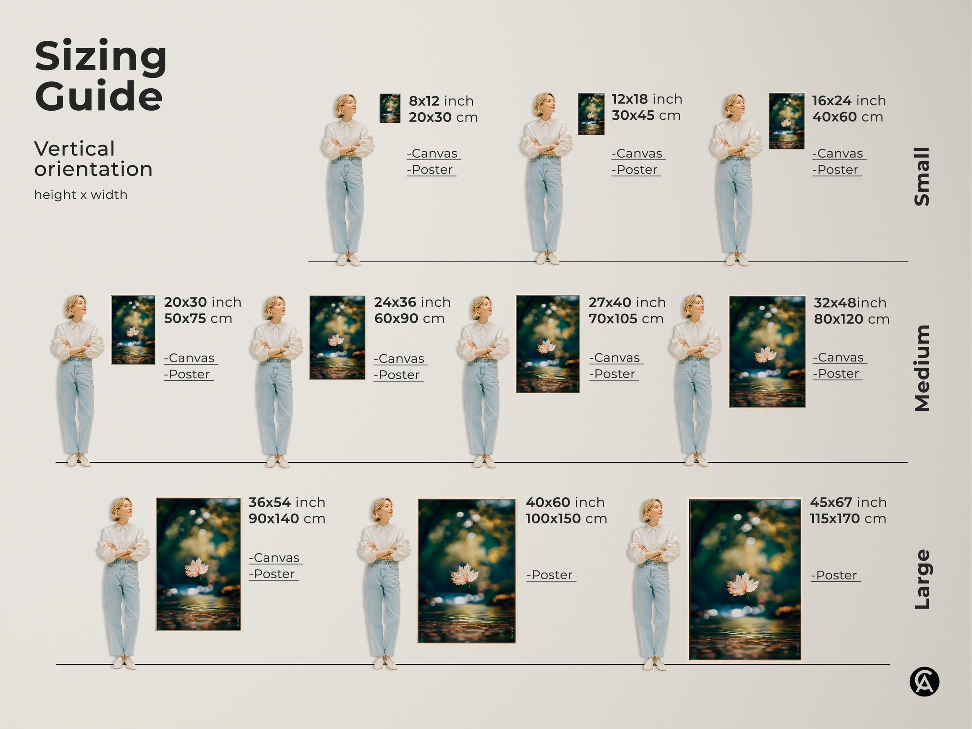 Sizing guide for vertical art prints. See how the leaf artwork looks in different sizes. Available as canvas or poster. Choose from small medium and large sizes. Visualize the perfect fit for your wall.