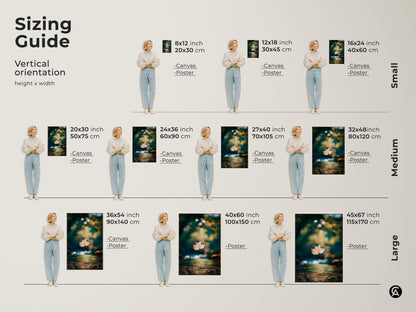 Sizing guide for vertical art prints. See how the leaf artwork looks in different sizes. Available as canvas or poster. Choose from small medium and large sizes. Visualize the perfect fit for your wall.
