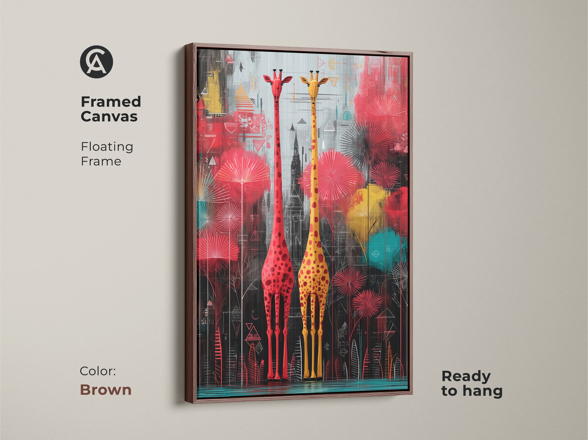 Framed canvas artwork displaying two abstract giraffes. This brown frame adds a touch of elegance to the vibrant red and yellow animal art. Ready to hang for easy wall decor.