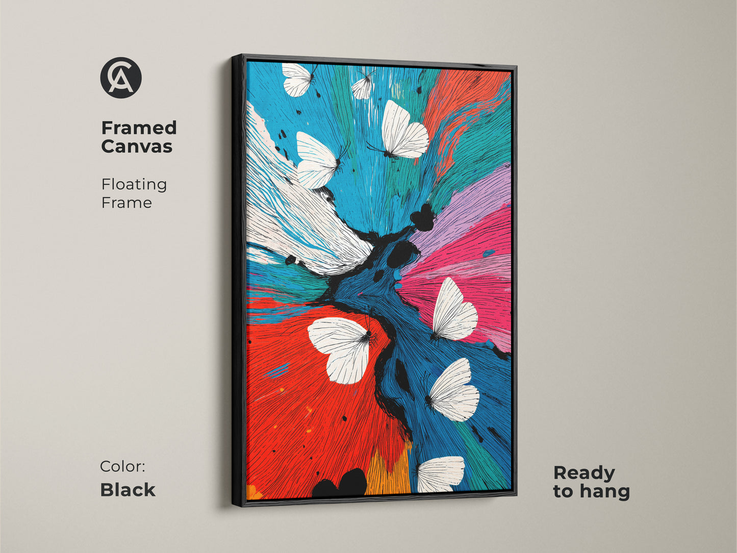 Framed canvas featuring abstract butterfly art with a floating black frame. This contemporary floral artwork uses red blue teal. The nature insect motif suits any eclectic bedroom decor. It is a vibrant abstract painting ready to hang. A fine art print for modern homes.
