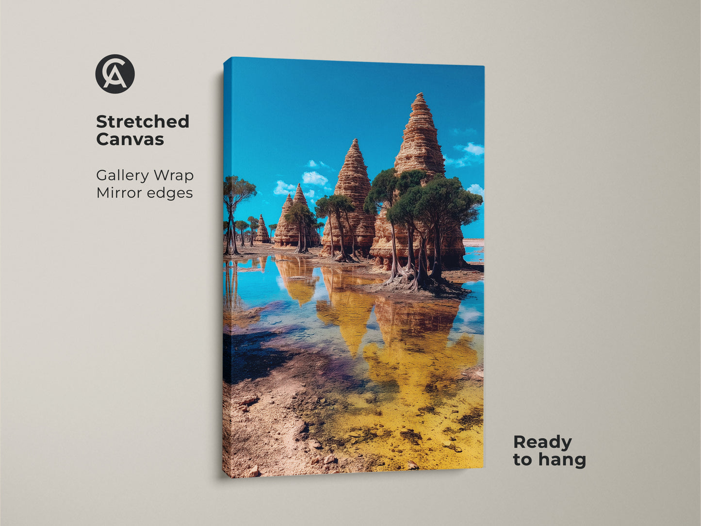 The stretched canvas presents a surreal temple landscape artwork. The eclectic wall art print evokes Art Nouveau travel art. Blue brown and yellow tones create a vibrant scene ready to hang. This is an ideal housewarming gift for travelers.