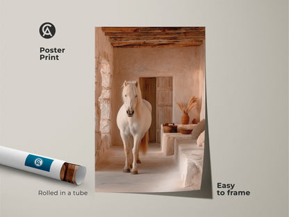 Poster print of a cream tan beige horse in a rustic setting. This boho horse wall art comes rolled in a tube for easy framing. Animal nature artwork adds charm to any room. Perfect for a housewarming gift for horse enthusiasts.