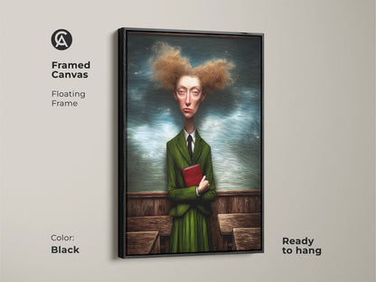 Framed canvas art print features a surreal woman portrait. She is in a green suit holding a red book. This quirky figurative wall art has a floating black frame. This eclectic study decor is ready to hang. It's a distinctive office artwork. The black frame enhances its presence.
