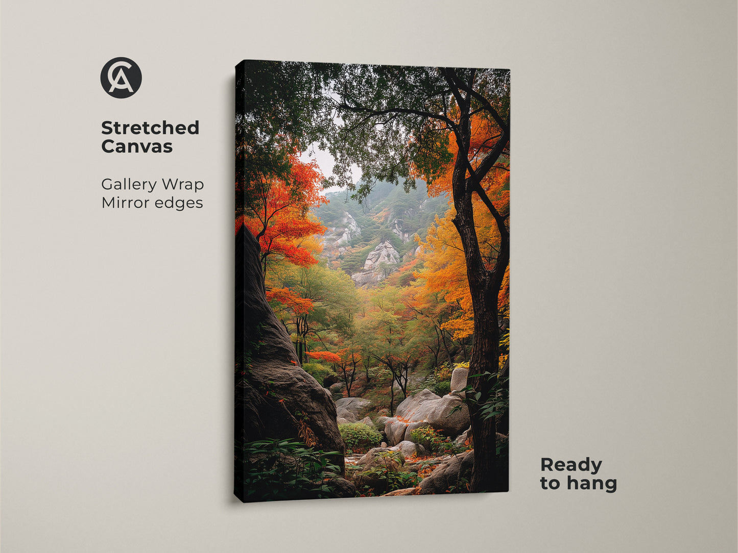 Stretched canvas art displaying a stunning autumn forest. The gallery wrap has mirrored edges for a modern look. This ready-to-hang canvas art captures the essence of fall. It brings the beauty of nature into your home or office with this vibrant landscape artwork.