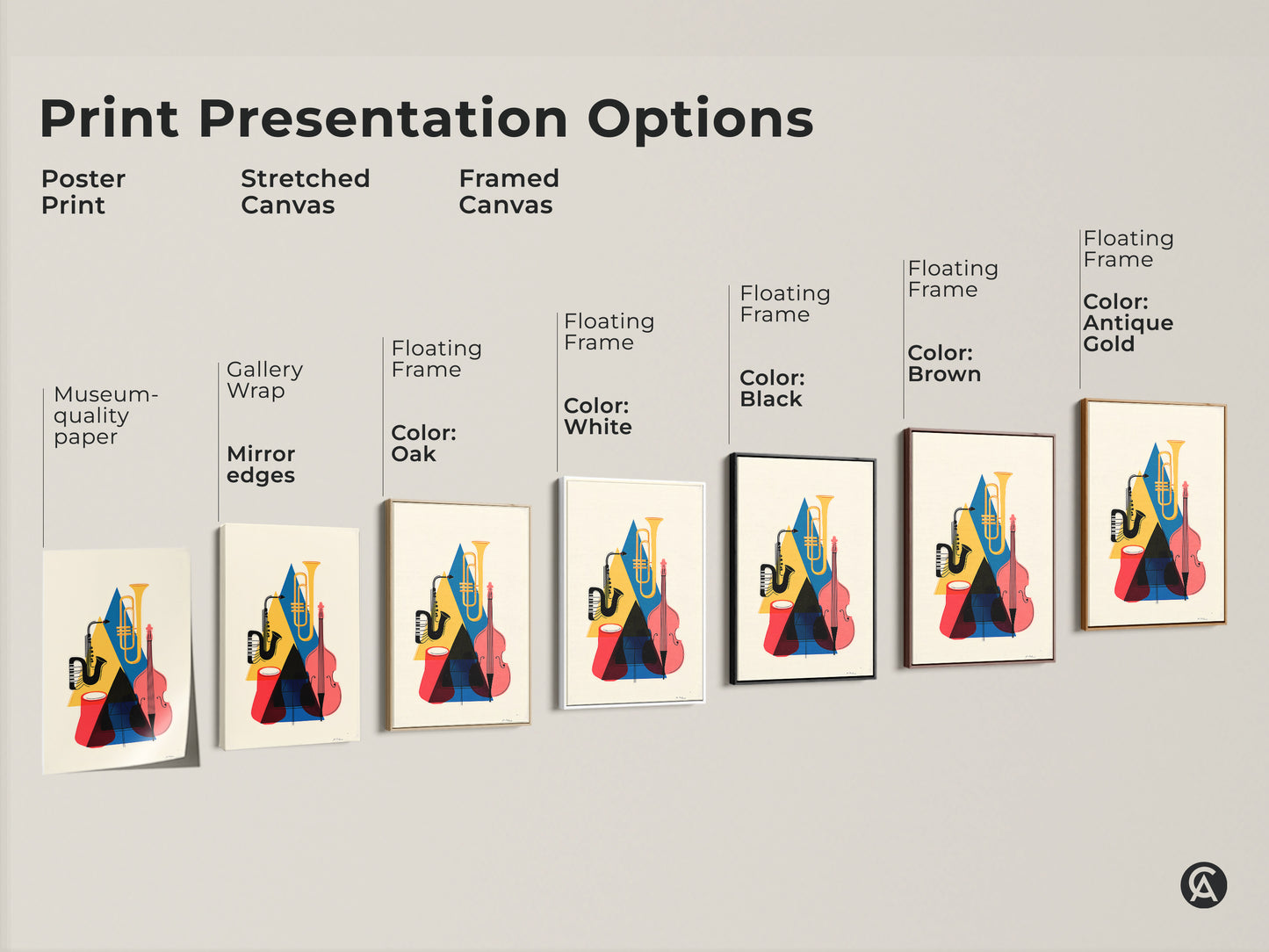 Print presentation options for mid-century modern music art. Options include poster print stretched canvas and framed canvas. Floating frame colors are white black brown and antique gold. The artwork features a saxophone tuba and double bass in geometric shapes. The colors are yellow blue and red.