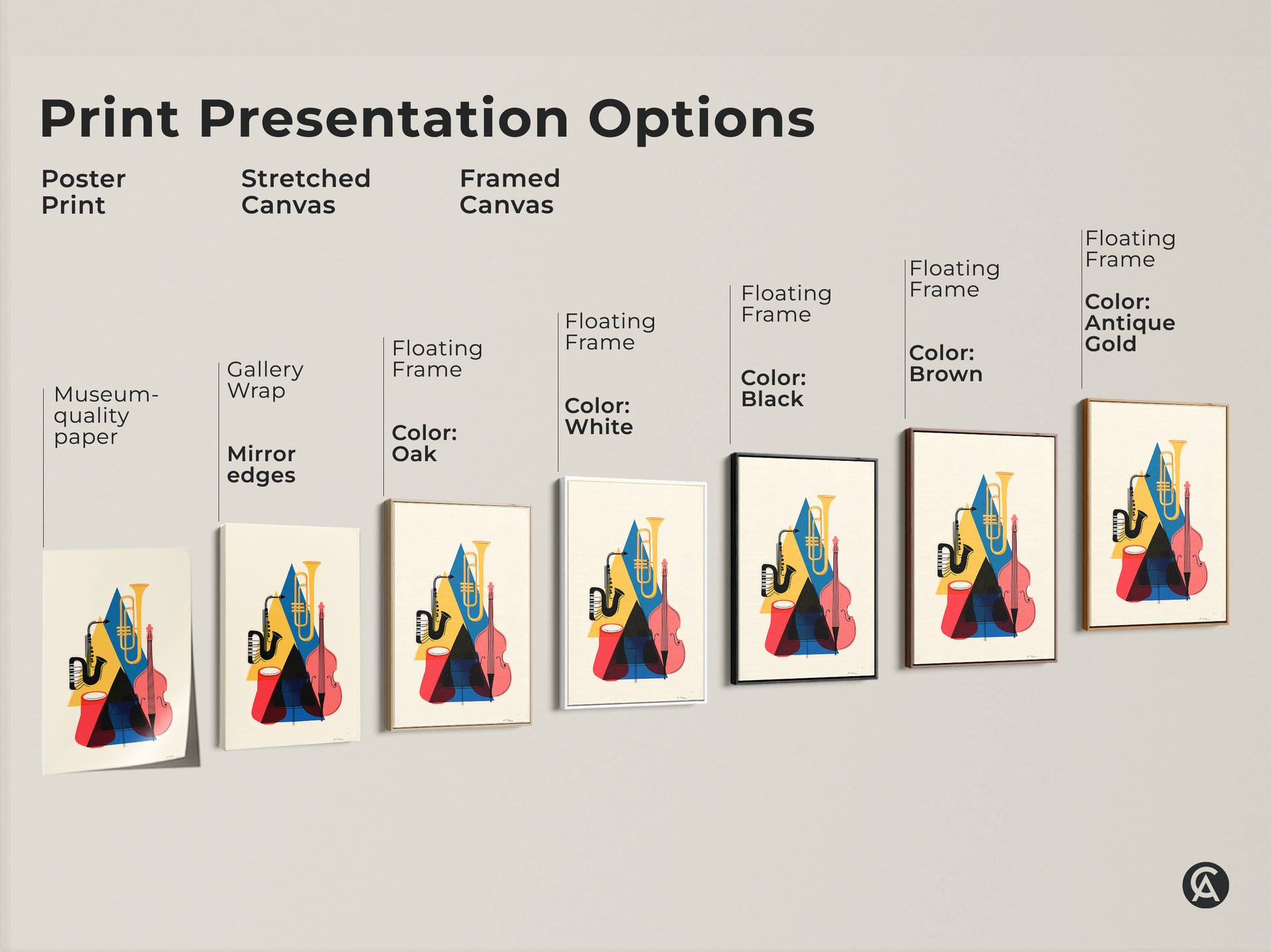 Print presentation options for mid-century modern music art. Options include poster print stretched canvas and framed canvas. Floating frame colors are white black brown and antique gold. The artwork features a saxophone tuba and double bass in geometric shapes. The colors are yellow blue and red.