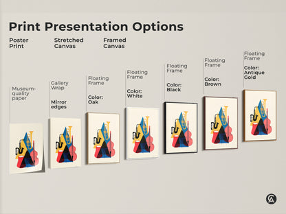 Print presentation options for mid-century modern music art. Options include poster print stretched canvas and framed canvas. Floating frame colors are white black brown and antique gold. The artwork features a saxophone tuba and double bass in geometric shapes. The colors are yellow blue and red.