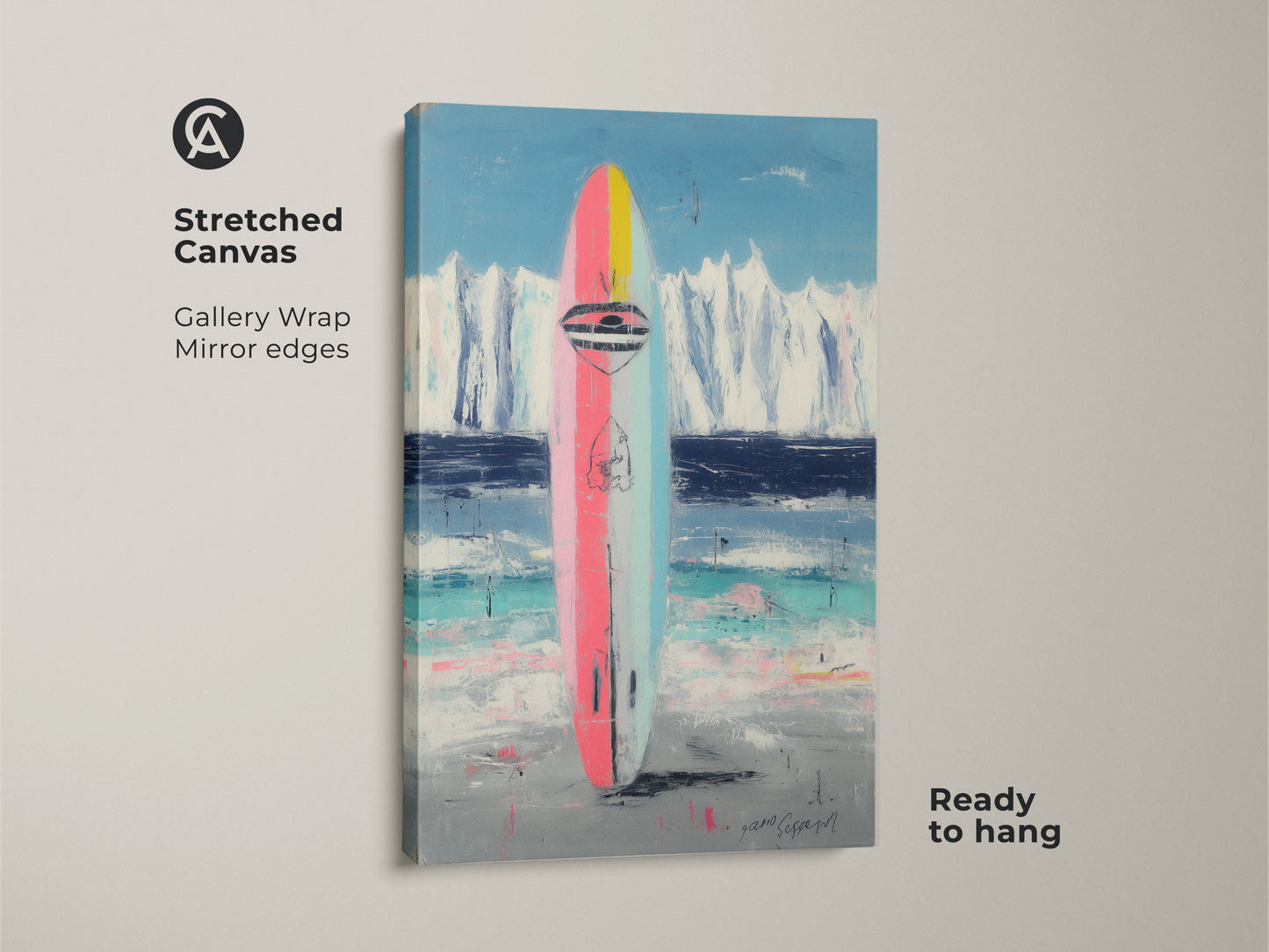 Stretched canvas print of an abstract surfboard. Gallery wrapped with mirrored edges for a modern look. Ready to hang coastal art with a pink blue teal palette.