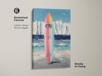 Stretched canvas print of an abstract surfboard. Gallery wrapped with mirrored edges for a modern look. Ready to hang coastal art with a pink blue teal palette.