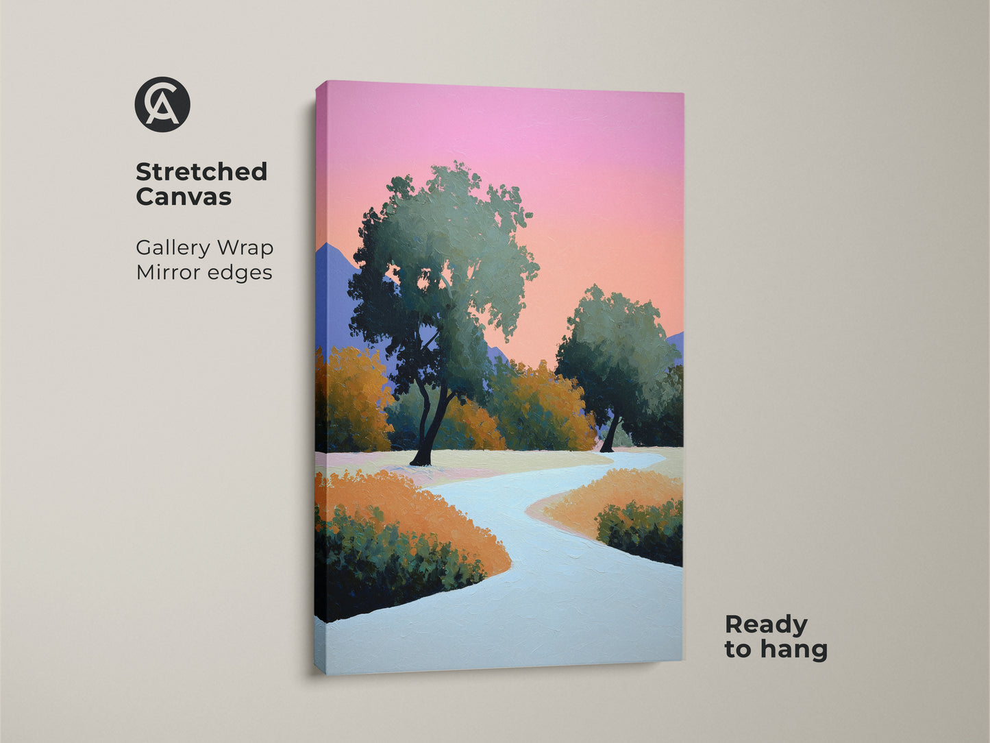 Stretched canvas gallery wrap showing a modern abstract landscape. The contemporary trees wall art features a winding path. The pink and orange sky artwork adds color to the room. Ready to hang this stylized nature painting.