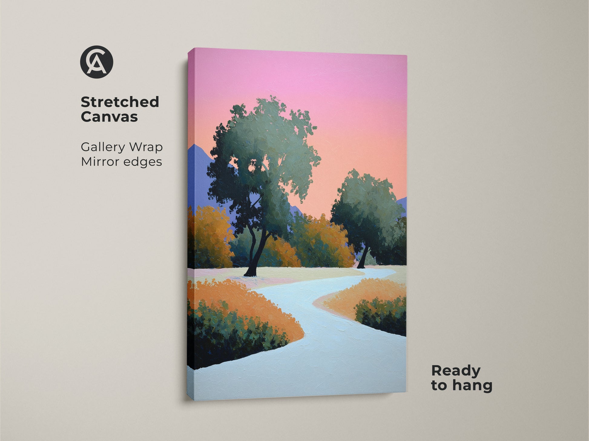 Stretched canvas gallery wrap showing a modern abstract landscape. The contemporary trees wall art features a winding path. The pink and orange sky artwork adds color to the room. Ready to hang this stylized nature painting.