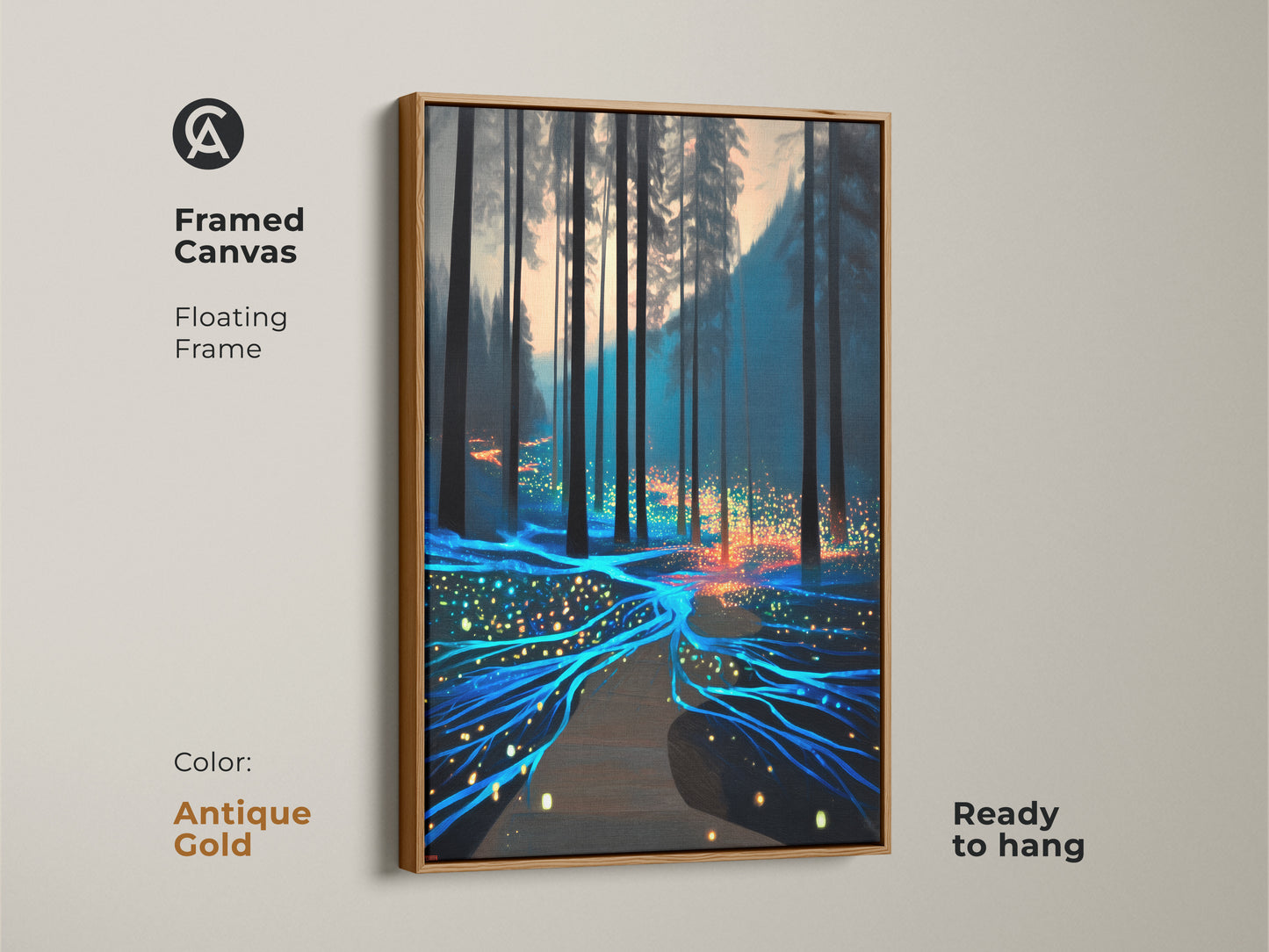 Antique gold frame highlights this surreal forest canvas artwork. The fantasy nature scene features a luminous teal and orange path. This unique wall hanging is ready to hang and enjoy.