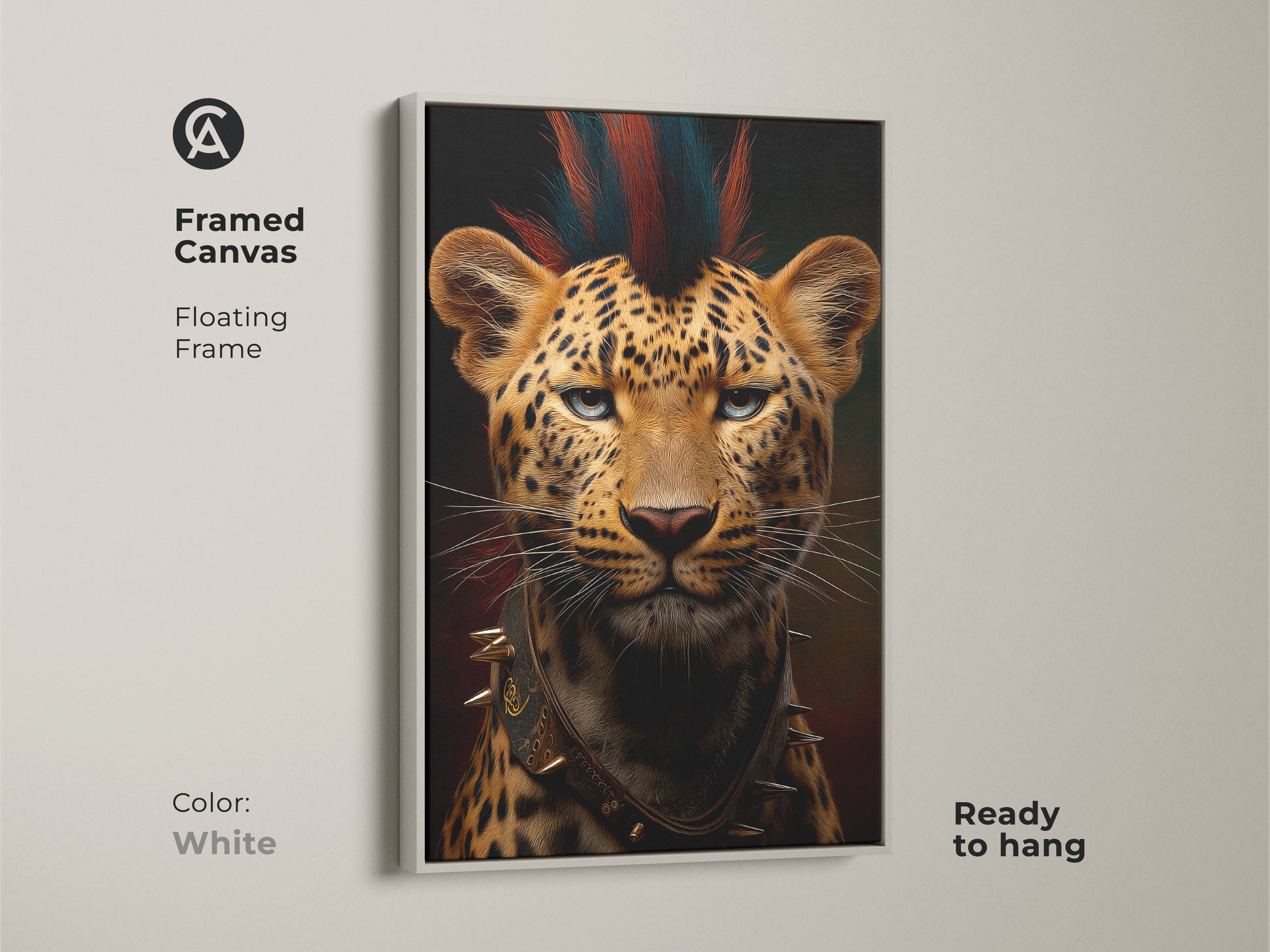 Framed canvas featuring the punk rock leopard art with a white floating frame ready to hang. This wildlife portrait canvas adds a gothic touch to any space. It is a unique animal lover gift perfect as office decor. Showcasing the striking orange and brown tones of this eclectic animal artwork.