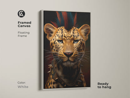 Framed canvas featuring the punk rock leopard art with a white floating frame ready to hang. This wildlife portrait canvas adds a gothic touch to any space. It is a unique animal lover gift perfect as office decor. Showcasing the striking orange and brown tones of this eclectic animal artwork.
