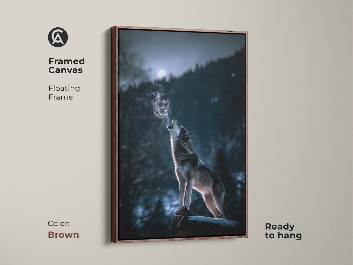 Framed canvas featuring a wolf howling in a blue gray forest. The floating frame is brown. This rustic wildlife print is ready to hang. It's a perfect nature lovers gift. The winter moon scene brings a touch of wilderness and rustic charm to your decor.
