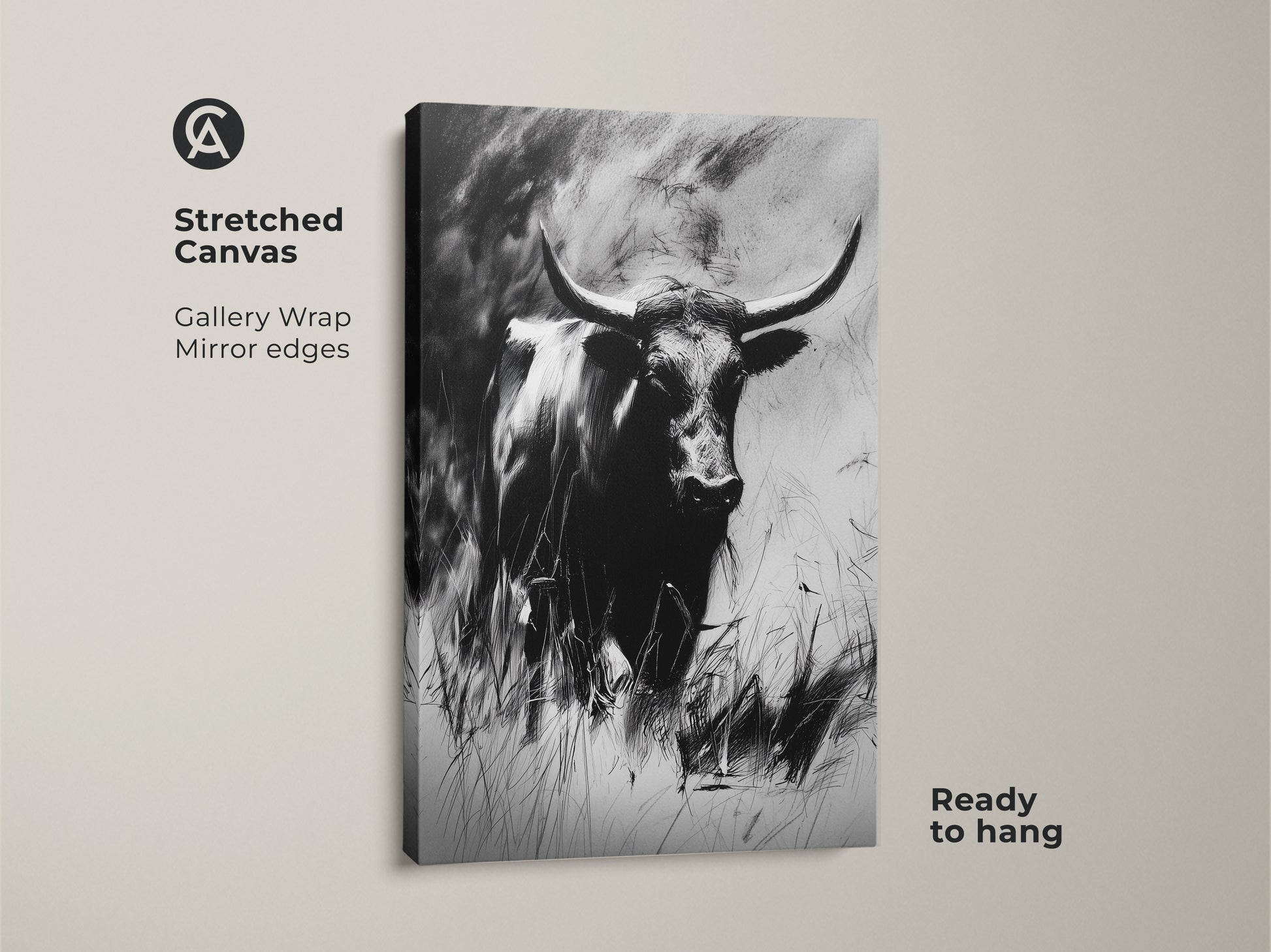 A stretched canvas print of a monochrome bull. This gallery-wrapped charcoal sketch longhorn has mirror edges. It is ready to hang. A rustic farmhouse canvas adds natural beauty to any space.