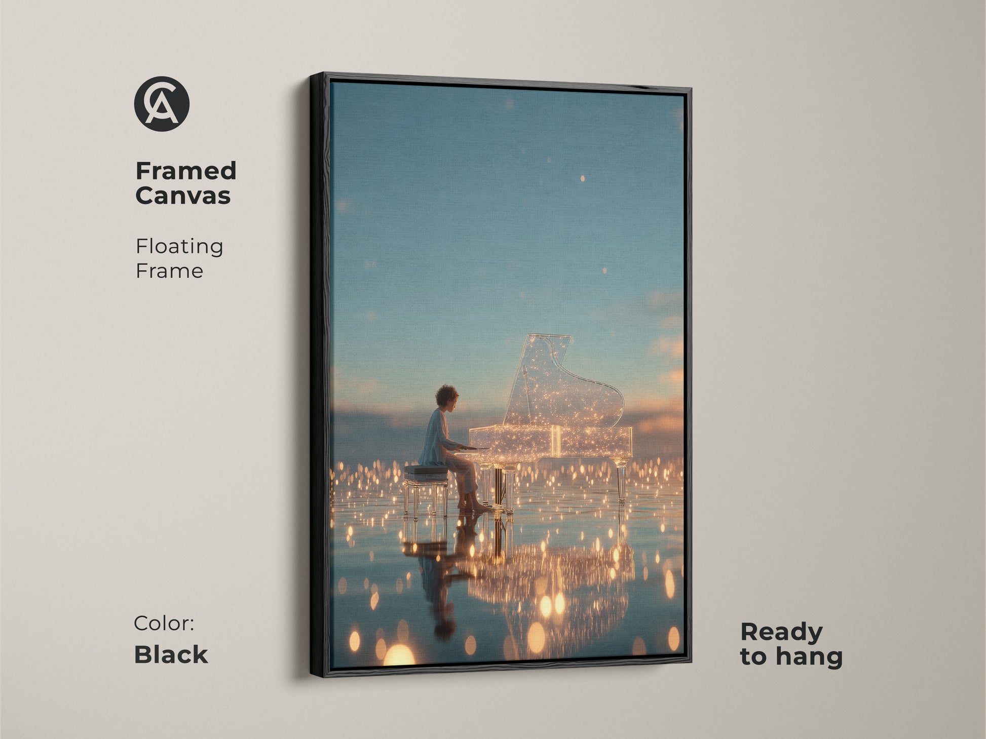 Black framed canvas art displaying a pianist playing a crystal grand piano. The floating frame adds a modern touch. Ready to hang this artwork brings elegance to your home. Perfect for those who love music-themed wall art.