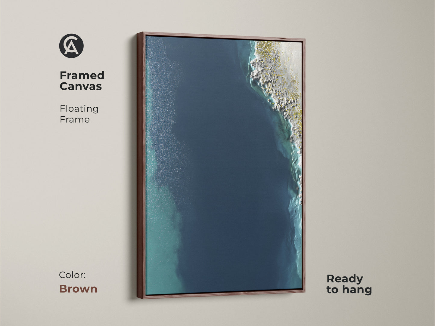 Brown Framed Canvas of Abstract Seascape. Floating frame enhances the deep blue shoreline. Ready to hang coastal minimalist wall art is perfect modern bedroom wall art. Add calm blue wall art to your living space.