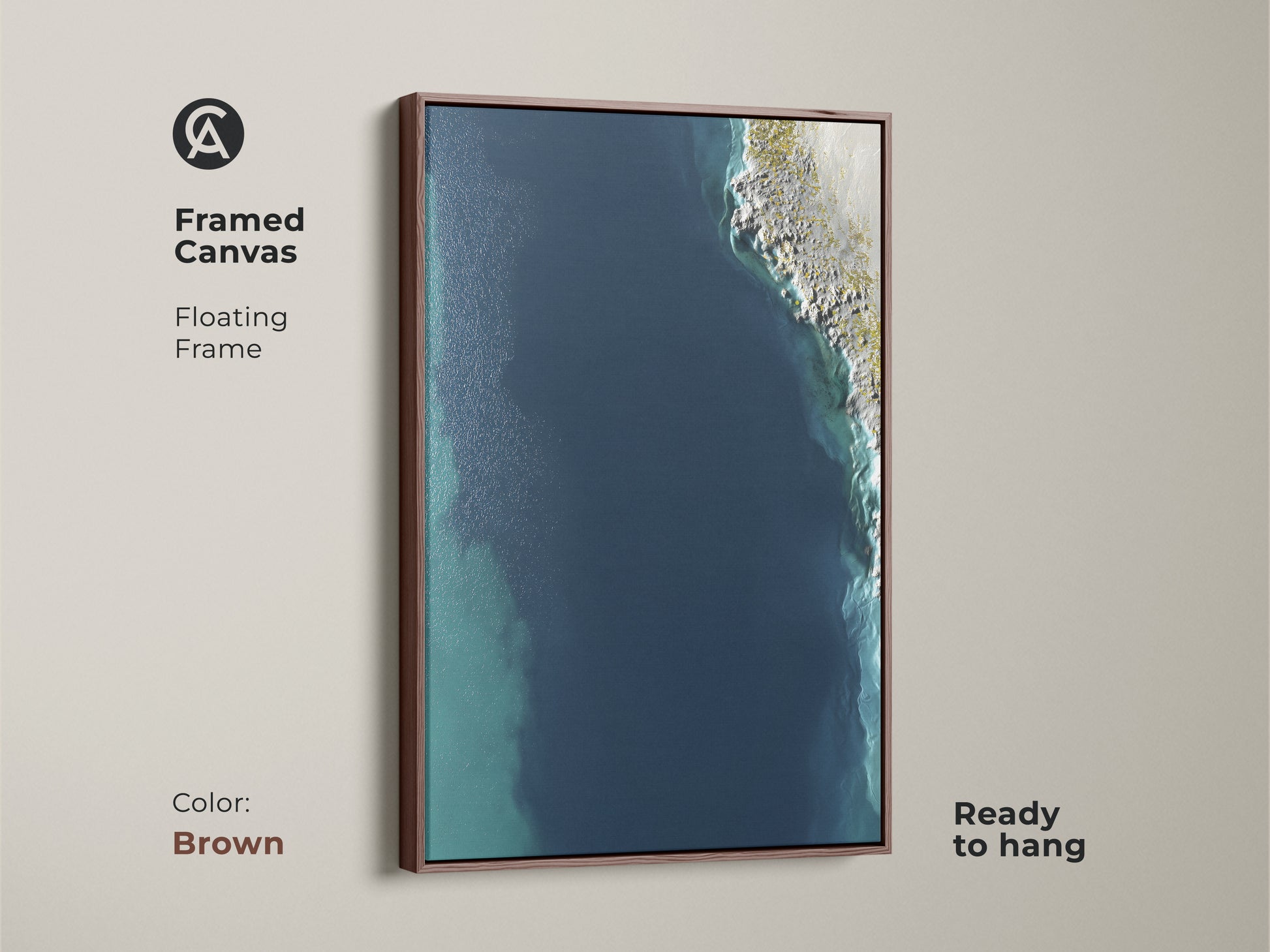 Brown Framed Canvas of Abstract Seascape. Floating frame enhances the deep blue shoreline. Ready to hang coastal minimalist wall art is perfect modern bedroom wall art. Add calm blue wall art to your living space.