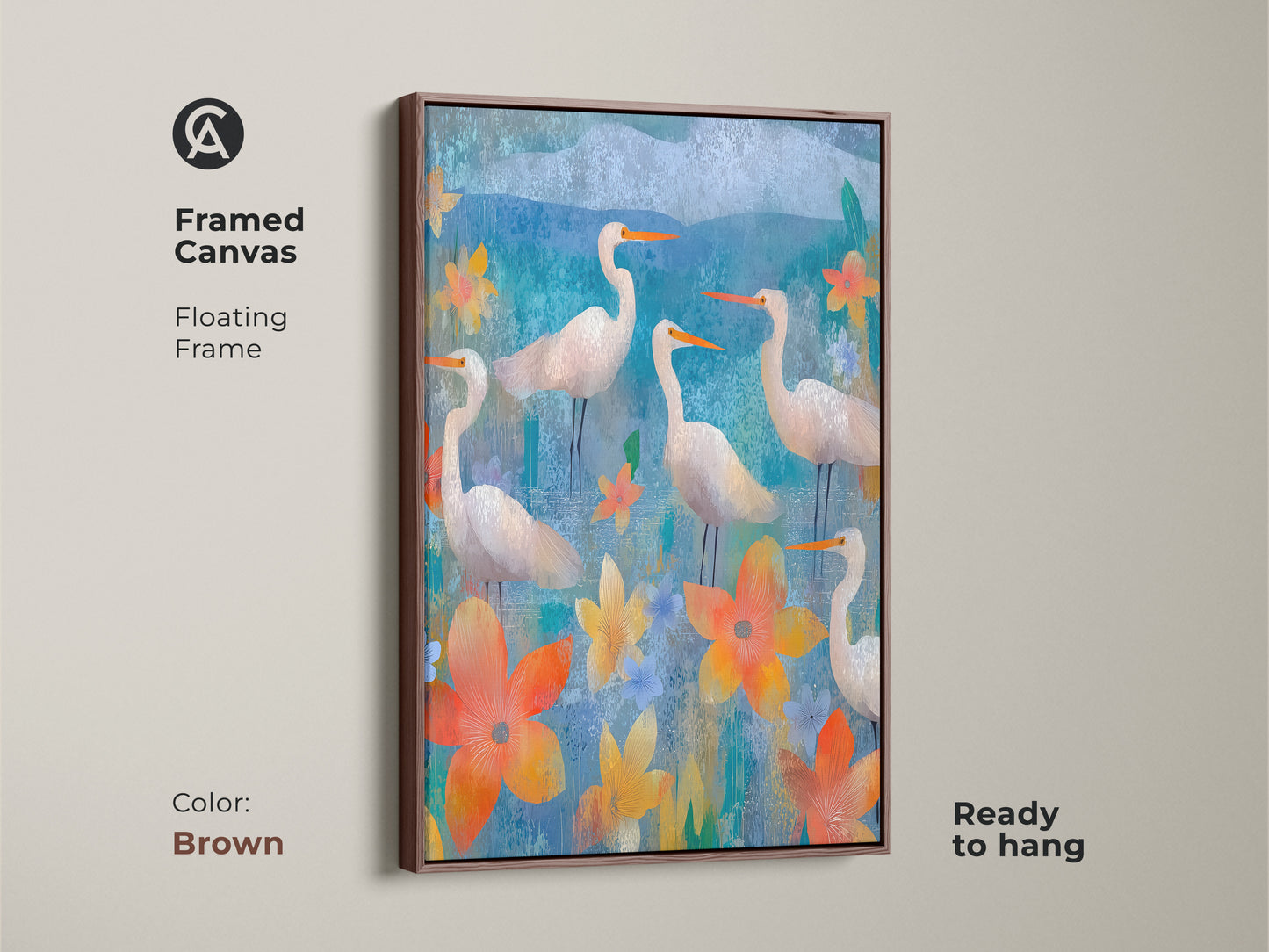 Framed Canvas with a brown frame featuring egrets among blooms. Teal bird wall decor that adds character to residential spaces. The art is ready to hang and is perfect for bird lovers.
