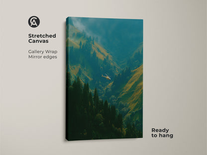 Stretched canvas art featuring a helicopter in a lush green valley. This gallery wrapped canvas has mirrored edges. The artwork is ready to hang. This canvas art will add a touch of nature to your walls.