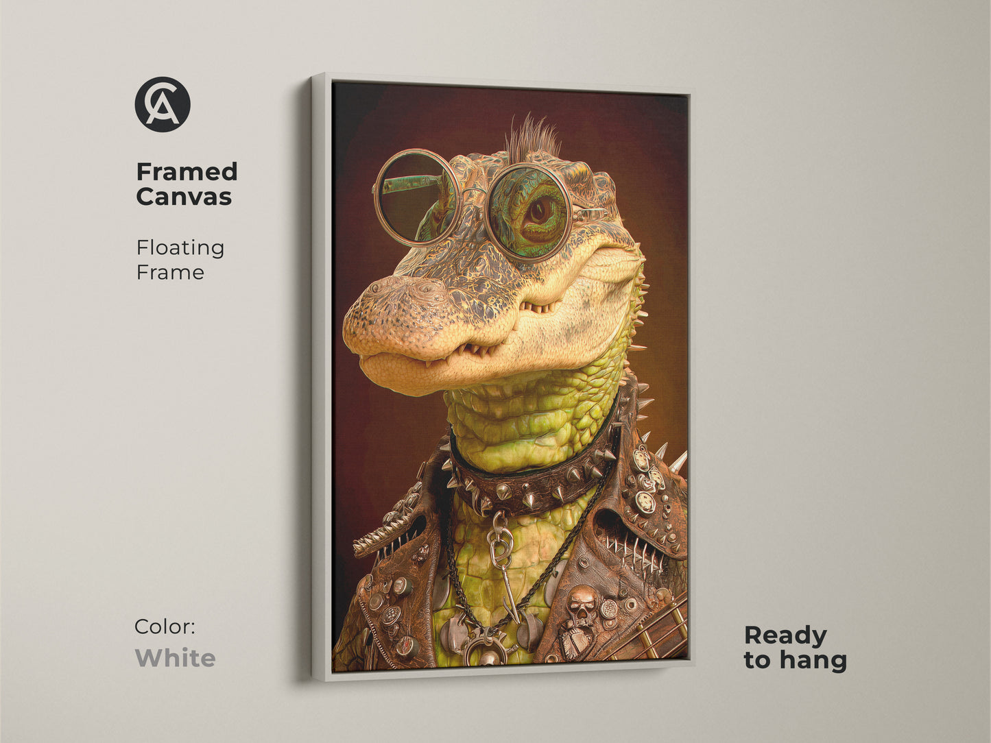 A framed canvas shows a rockstar alligator with sunglasses a leather jacket & studded collar. Ready to hang this framed canvas has a floating frame. This reptile rock art is perfect as guitar player wall decor. Color: White