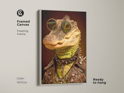 A framed canvas shows a rockstar alligator with sunglasses a leather jacket & studded collar. Ready to hang this framed canvas has a floating frame. This reptile rock art is perfect as guitar player wall decor. Color: White