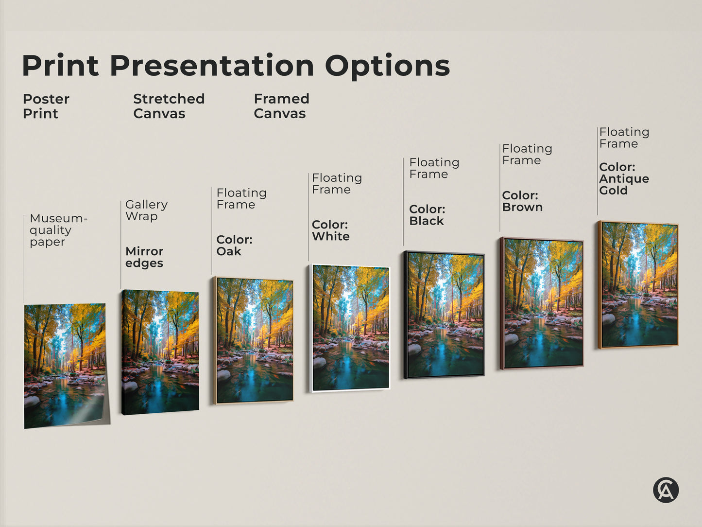 Explore print presentation options for this captivating forest stream artwork. Choose from poster prints stretched canvas and framed canvas. Each option showcases the serene beauty of the forest. Find the perfect presentation to complement your style.