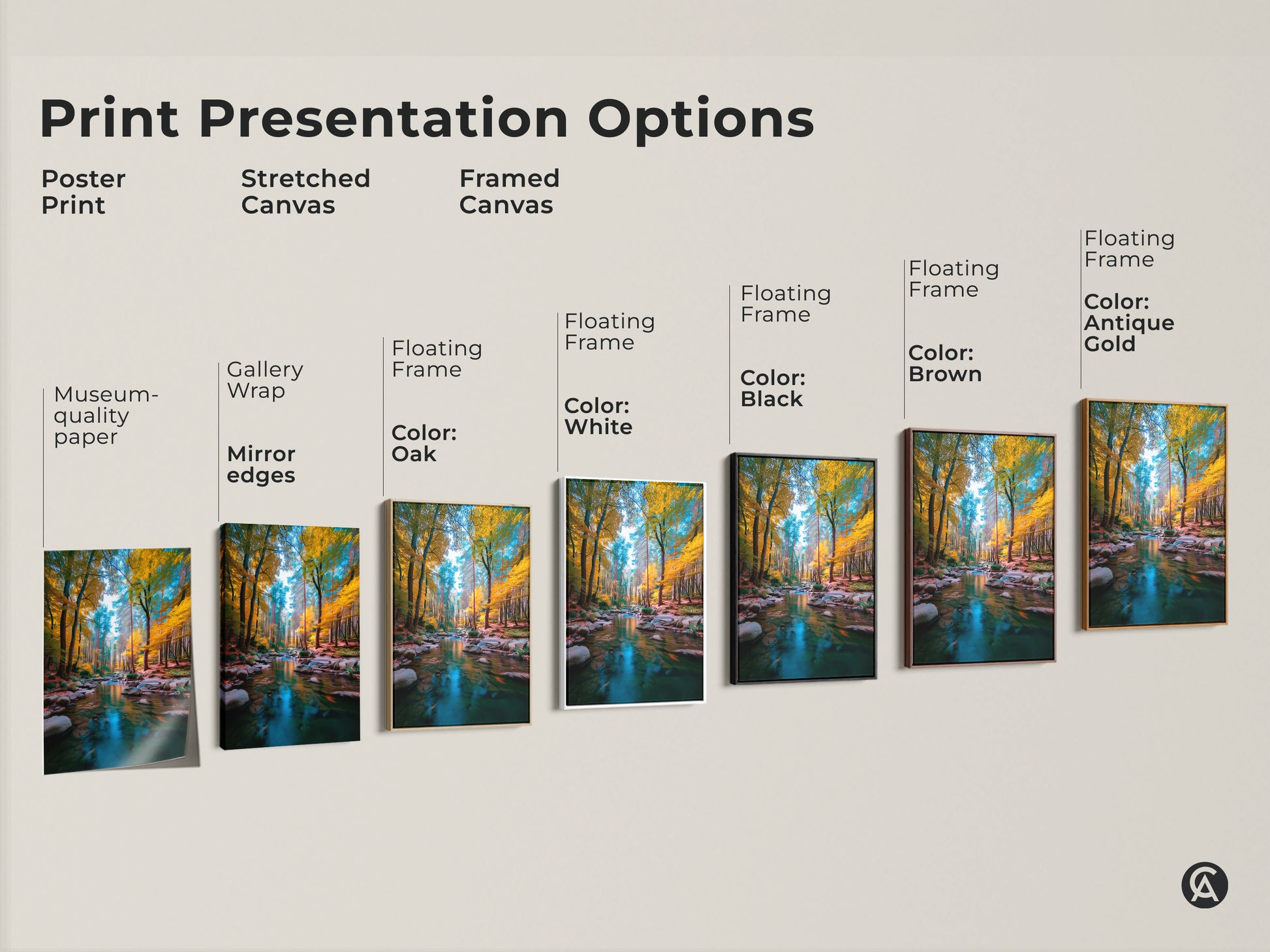 Explore print presentation options for this captivating forest stream artwork. Choose from poster prints stretched canvas and framed canvas. Each option showcases the serene beauty of the forest. Find the perfect presentation to complement your style.