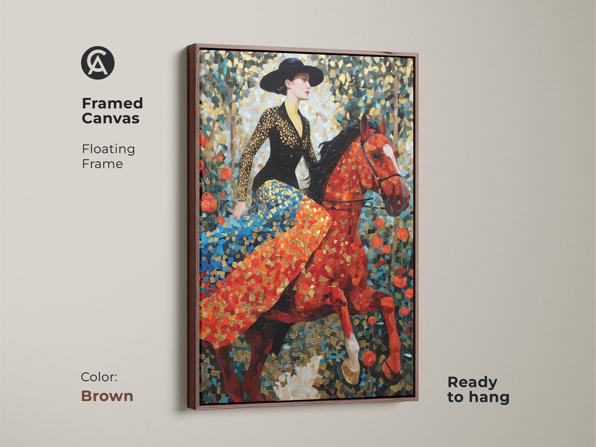 This framed canvas features a floating frame in brown. It is an eclectic equestrian canvas print for your home. The woman on horse artwork is ready to hang. A red orange gold art nouveau style creates a unique mosaic painting. It's an artistic home decor gift.