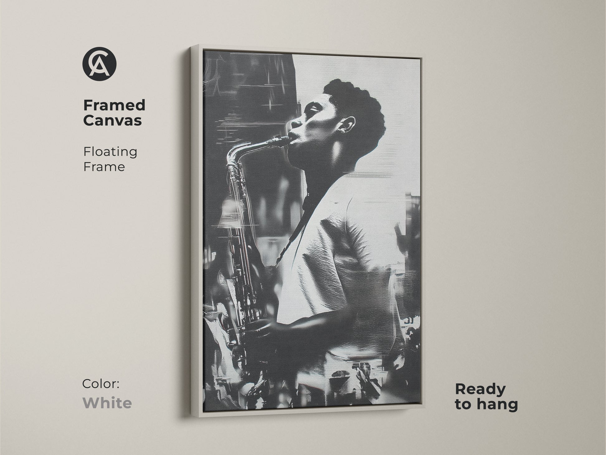 White framed canvas art showcasing a black and white image of a saxophonist. The floating frame gives the artwork a clean and modern look. Ready to hang and admire. This artwork is a versatile piece to complement any interior style.