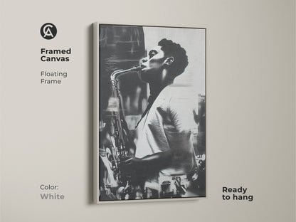 White framed canvas art showcasing a black and white image of a saxophonist. The floating frame gives the artwork a clean and modern look. Ready to hang and admire. This artwork is a versatile piece to complement any interior style.
