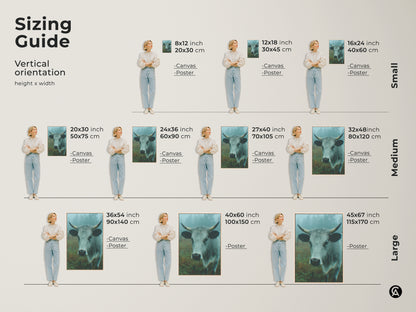 Sizing guide for vertical cow artwork. Available in small medium and large sizes. Options include canvas and poster prints. Find the perfect size for your space.