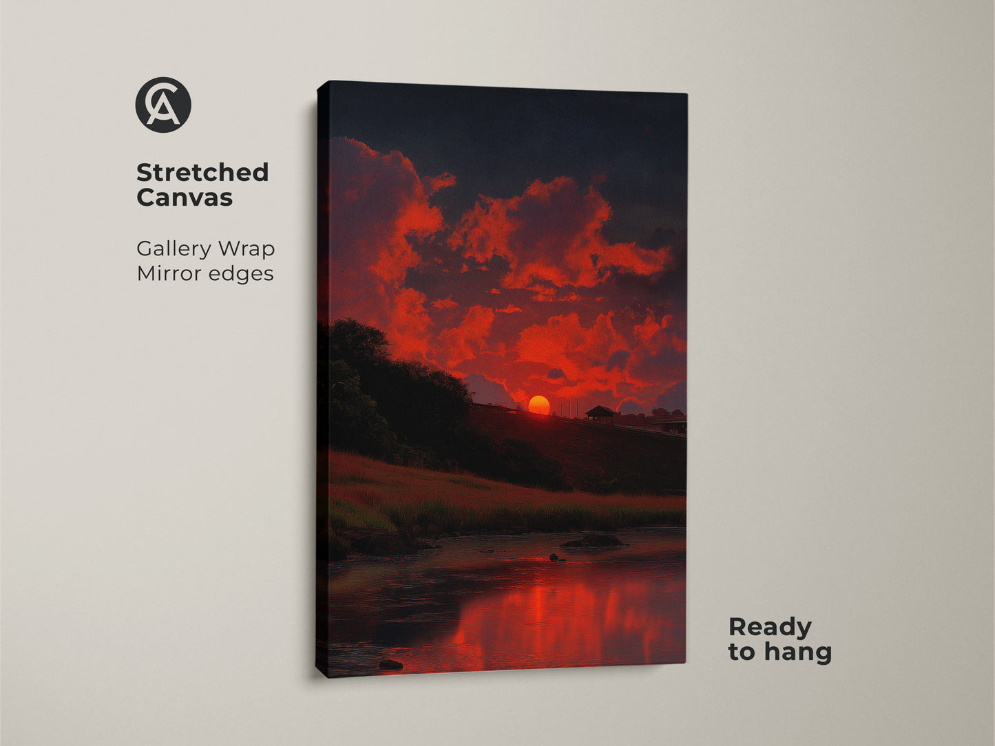 Stretched canvas of a dramatic impressionistic sunset is featured. The gallery wrap with mirror edges enhances the fiery orange clouds and dark blue sky. Ready to hang this nature wall art is perfect for any room. The reflection of the sunset on the water creates a calming atmosphere. This scenic nature artwork is a great housewarming gift.