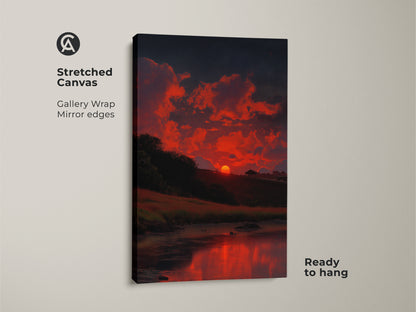 Stretched canvas of a dramatic impressionistic sunset is featured. The gallery wrap with mirror edges enhances the fiery orange clouds and dark blue sky. Ready to hang this nature wall art is perfect for any room. The reflection of the sunset on the water creates a calming atmosphere. This scenic nature artwork is a great housewarming gift.