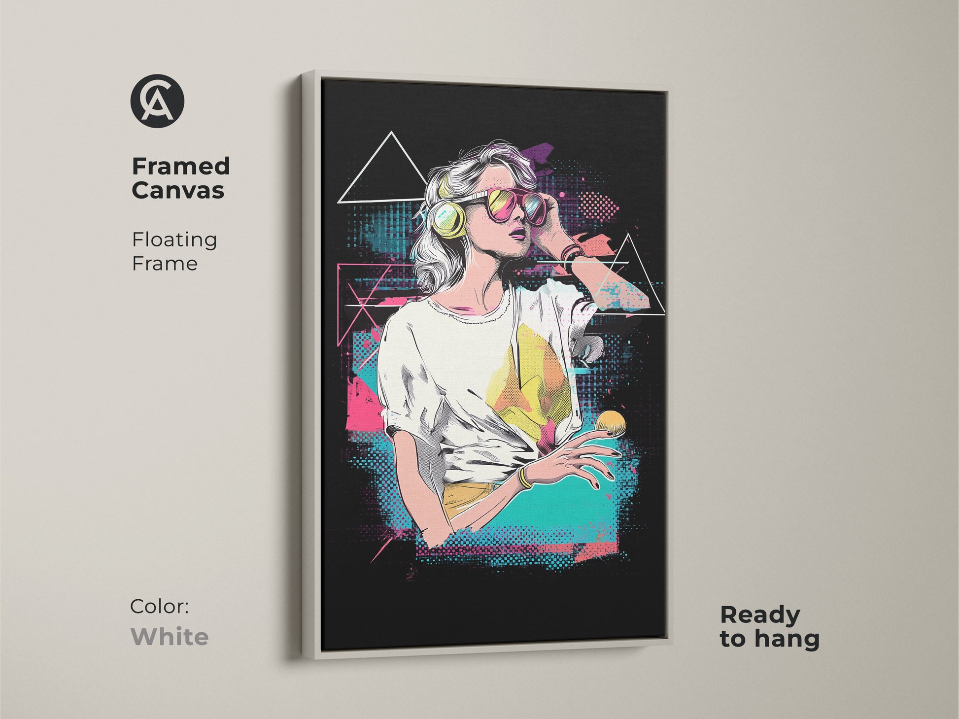Framed canvas of a vaporwave woman art. This floating frame comes in white. The retro music lover gift is ready to hang. Synthwave aesthetic wall art for unique wall hanging art. A pink yellow teal canvas art.