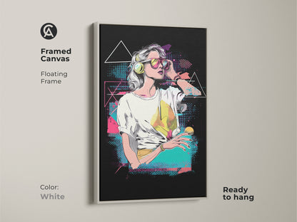 Framed canvas of a vaporwave woman art. This floating frame comes in white. The retro music lover gift is ready to hang. Synthwave aesthetic wall art for unique wall hanging art. A pink yellow teal canvas art.