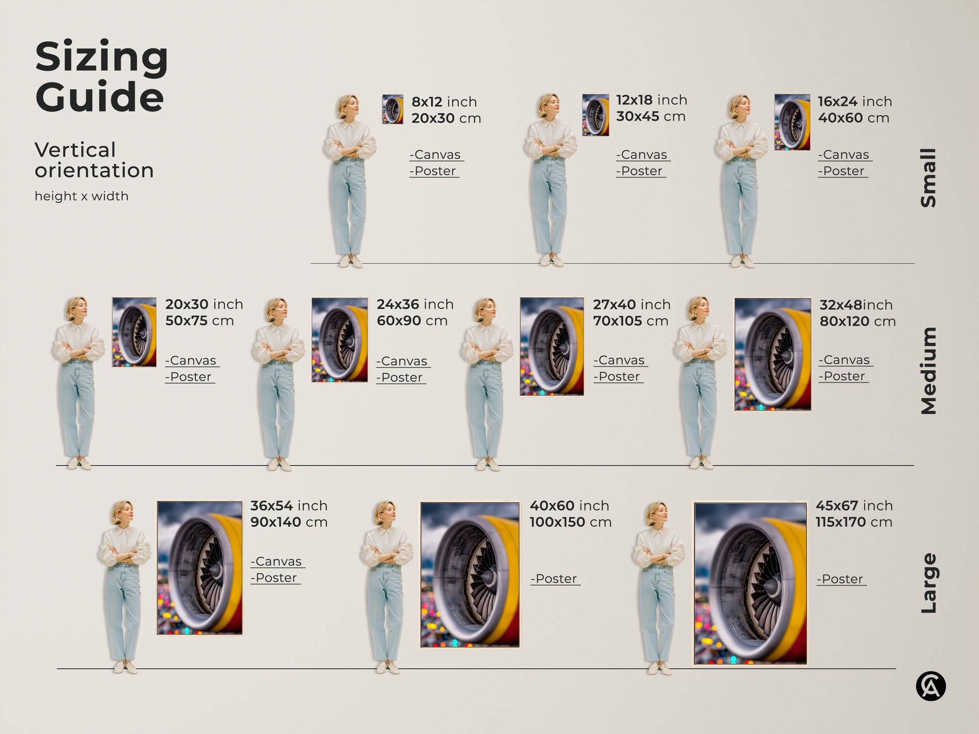 Sizing guide for vertical jet engine artwork orientation. Available as canvas or poster in small medium and large sizes. Visualize the perfect fit for your space with a model showcasing each size option. Great for office or living space.
