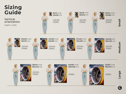Sizing guide for vertical jet engine artwork orientation. Available as canvas or poster in small medium and large sizes. Visualize the perfect fit for your space with a model showcasing each size option. Great for office or living space.
