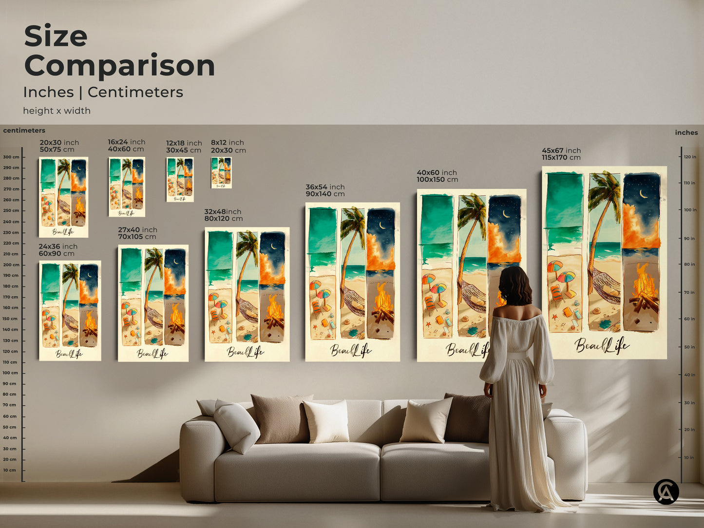 Size comparison of beach life artwork. This artwork is available in different sizes. It comes as a canvas or poster print. It features a collage of beach scenes. Buy yours today